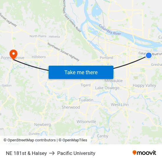 NE 181st & Halsey to Pacific University map