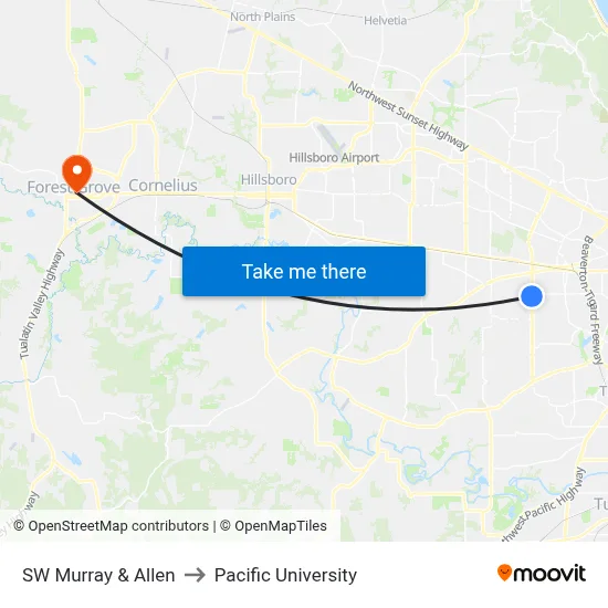SW Murray & Allen to Pacific University map