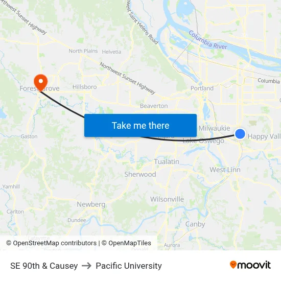 SE 90th & Causey to Pacific University map