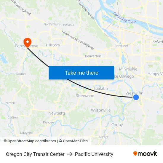 Oregon City Transit Center to Pacific University map