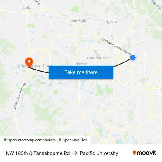 NW 185th & Tanasbourne Rd to Pacific University map