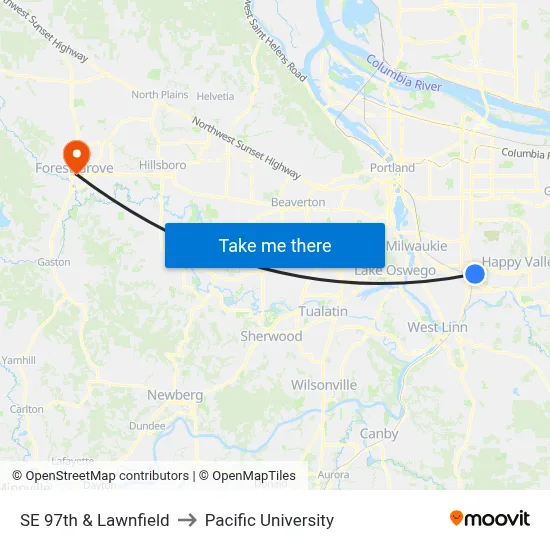 SE 97th & Lawnfield to Pacific University map
