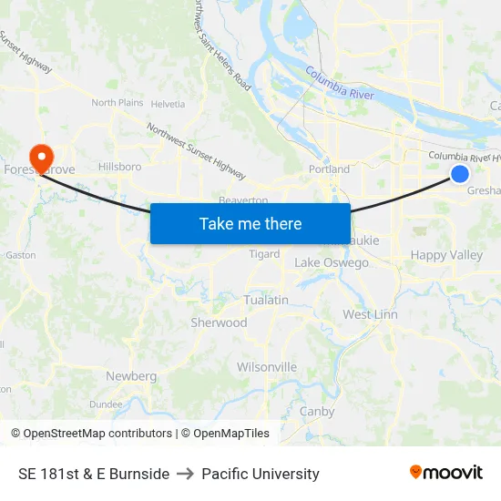 SE 181st & E Burnside to Pacific University map