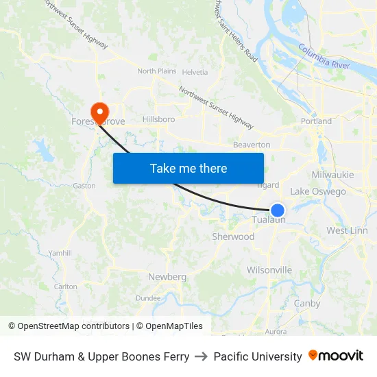SW Durham & Upper Boones Ferry to Pacific University map