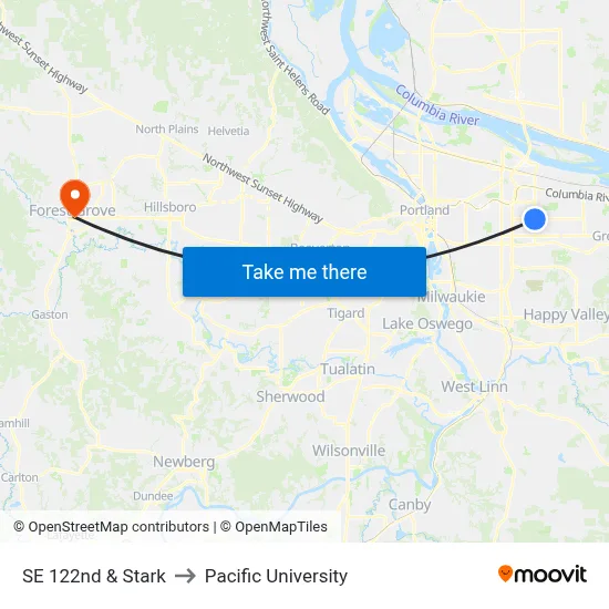 SE 122nd & Stark to Pacific University map