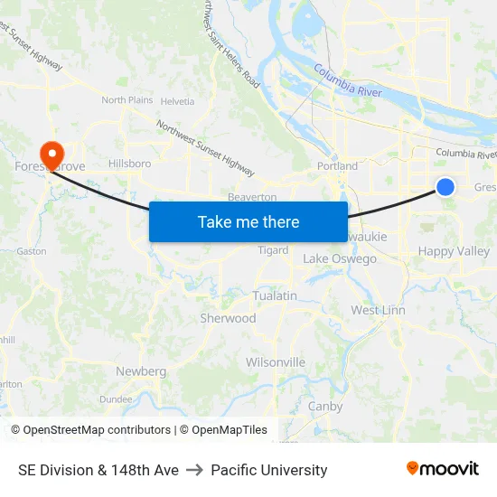 SE Division & 148th Ave to Pacific University map
