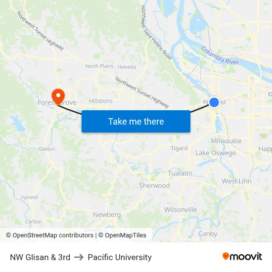NW Glisan & 3rd to Pacific University map