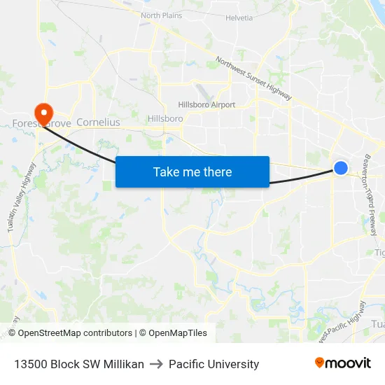 13500 Block SW Millikan to Pacific University map