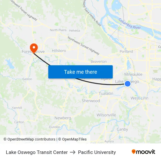 Lake Oswego Transit Center to Pacific University map