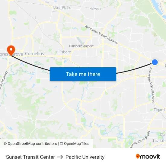 Sunset Transit Center to Pacific University map