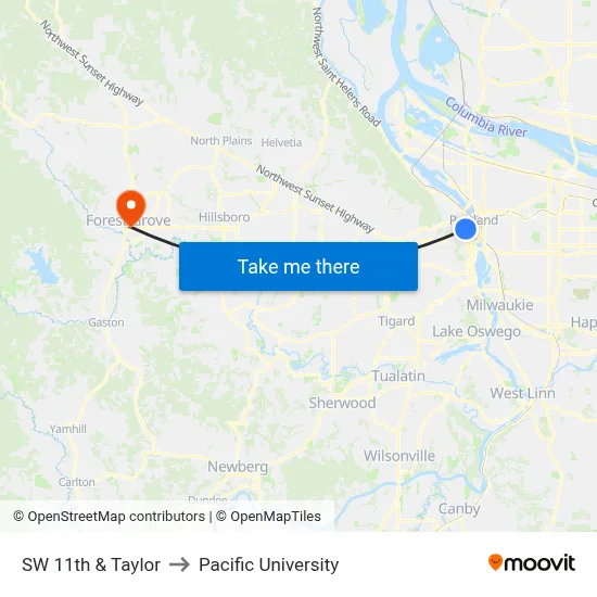 SW 11th & Taylor to Pacific University map
