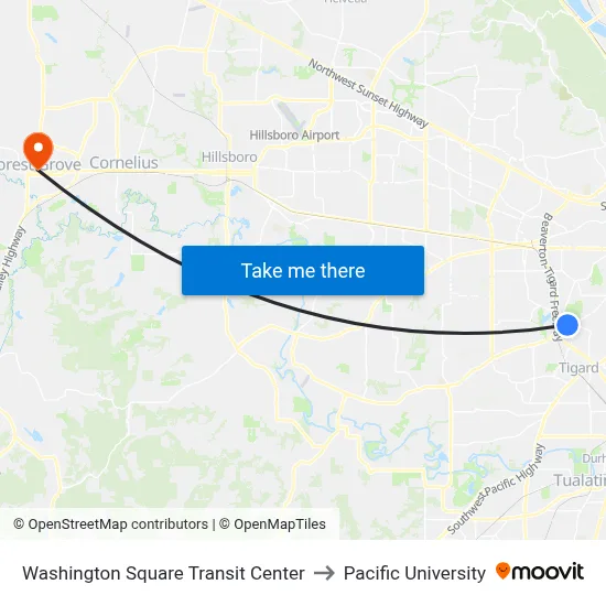 Washington Square Transit Center to Pacific University map