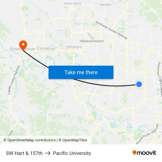 SW Hart & 157th to Pacific University map