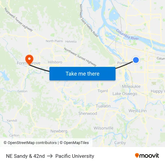NE Sandy & 42nd to Pacific University map