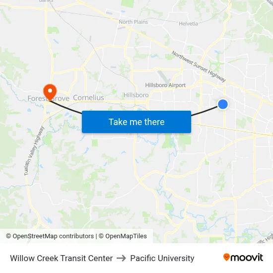 Willow Creek Transit Center to Pacific University map