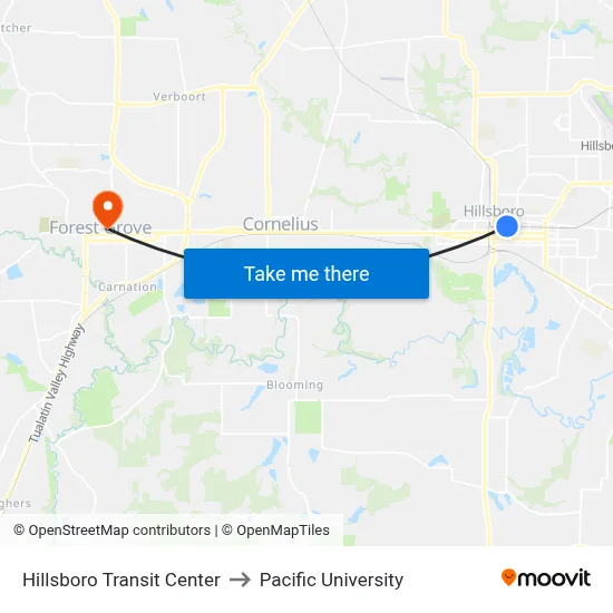 Hillsboro Transit Center to Pacific University map