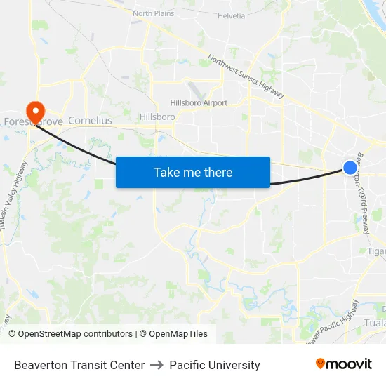 Beaverton Transit Center to Pacific University map