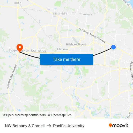 NW Bethany & Cornell to Pacific University map