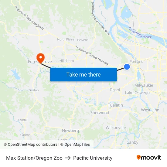 Max Station/Oregon Zoo to Pacific University map