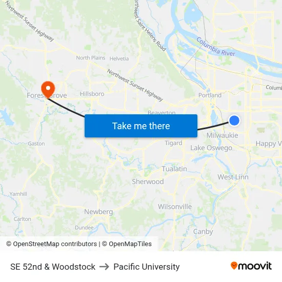 SE 52nd & Woodstock to Pacific University map