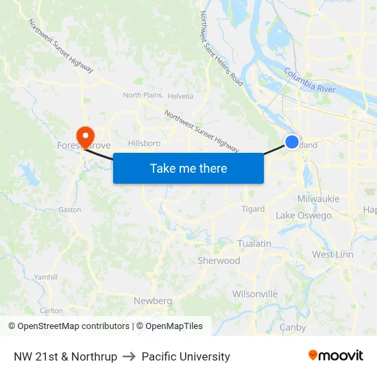 NW 21st & Northrup to Pacific University map