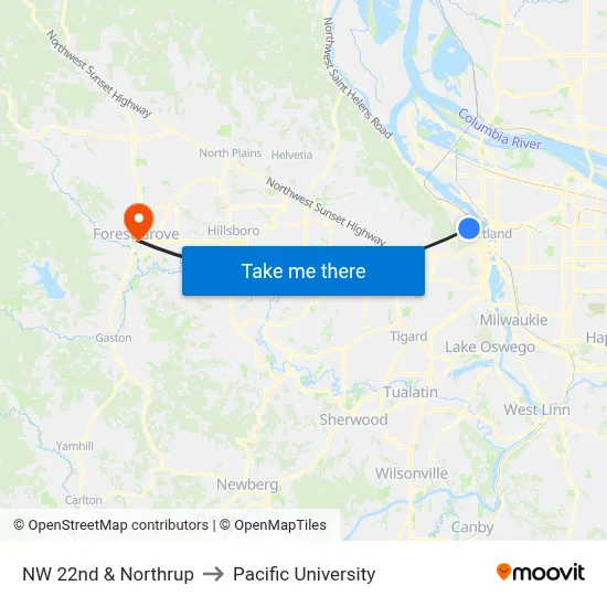 NW 22nd & Northrup to Pacific University map