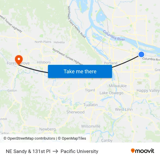 NE Sandy & 131st Pl to Pacific University map