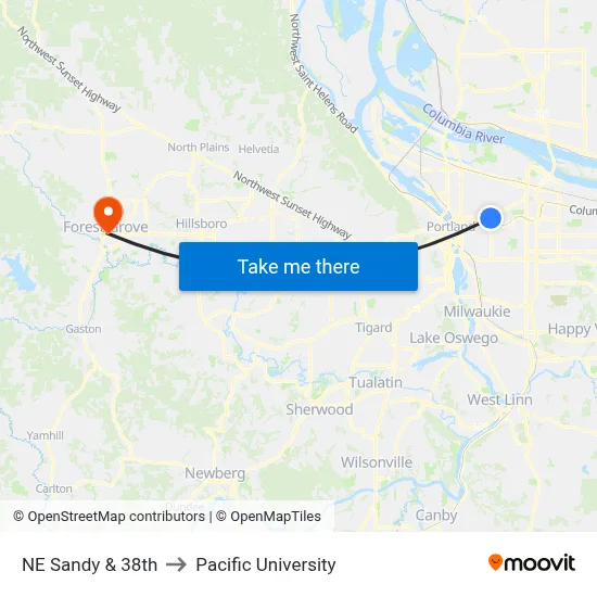 NE Sandy & 38th to Pacific University map