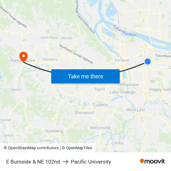 E Burnside & NE 102nd to Pacific University map