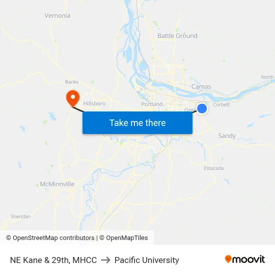 NE Kane & 29th, MHCC to Pacific University map