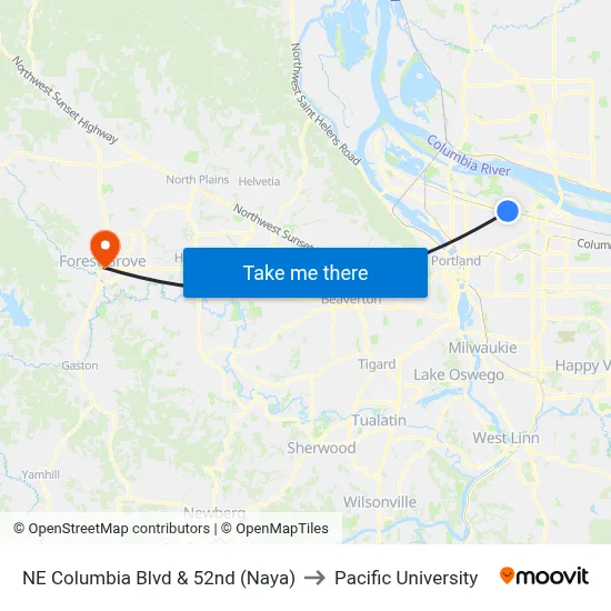 NE Columbia Blvd & 52nd (Naya) to Pacific University map