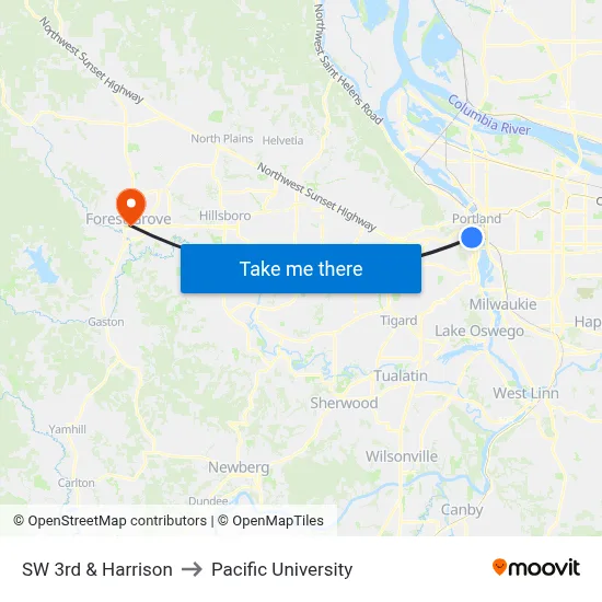 SW 3rd & Harrison to Pacific University map