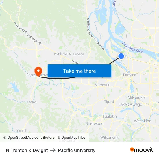 N Trenton & Dwight to Pacific University map