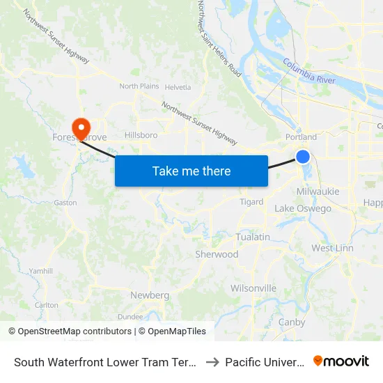 South Waterfront Lower Tram Terminal to Pacific University map