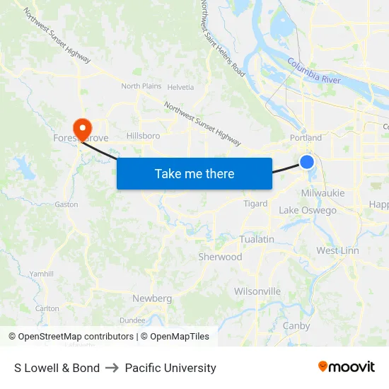 S Lowell & Bond to Pacific University map