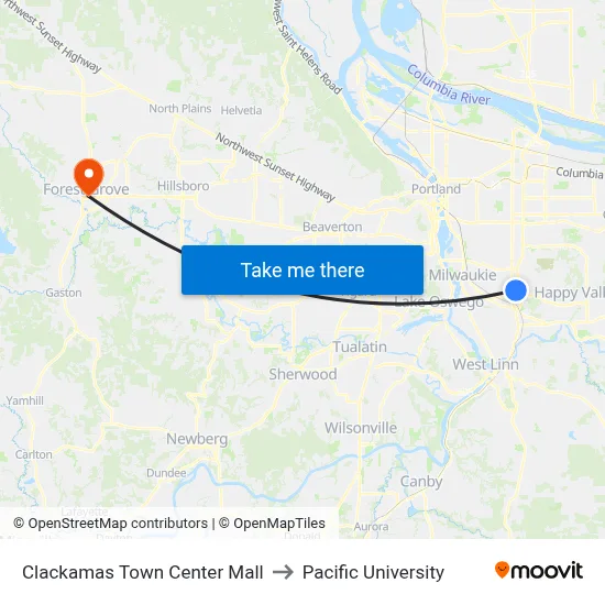 Clackamas Town Center Mall to Pacific University map