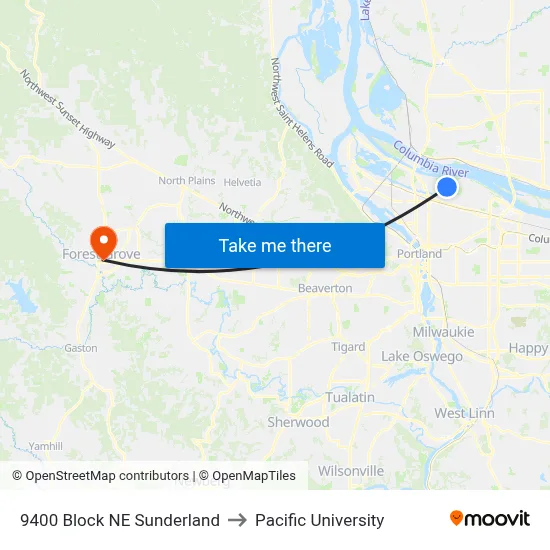 9400 Block NE Sunderland to Pacific University map