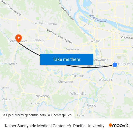 Kaiser Sunnyside Medical Center to Pacific University map