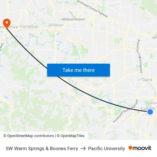 SW Warm Springs & Boones Ferry to Pacific University map