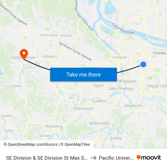 SE Division & SE Division St Max Station to Pacific University map