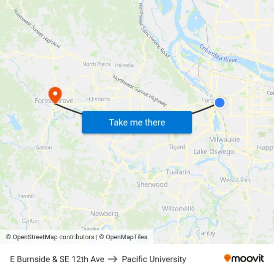 E Burnside & SE 12th Ave to Pacific University map