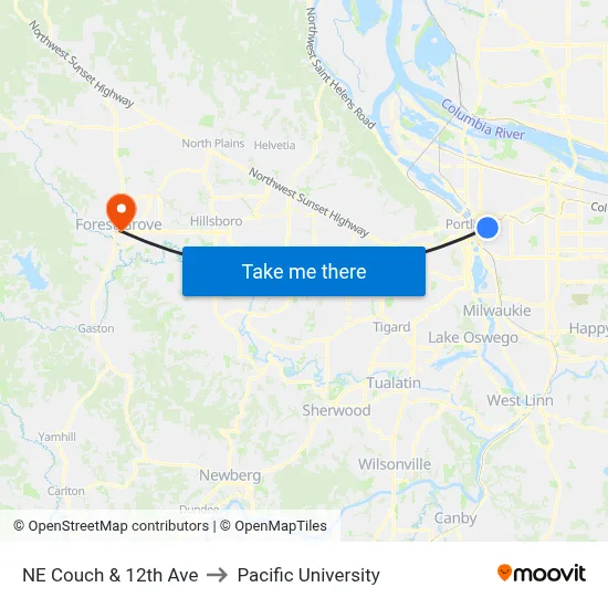 NE Couch & 12th Ave to Pacific University map