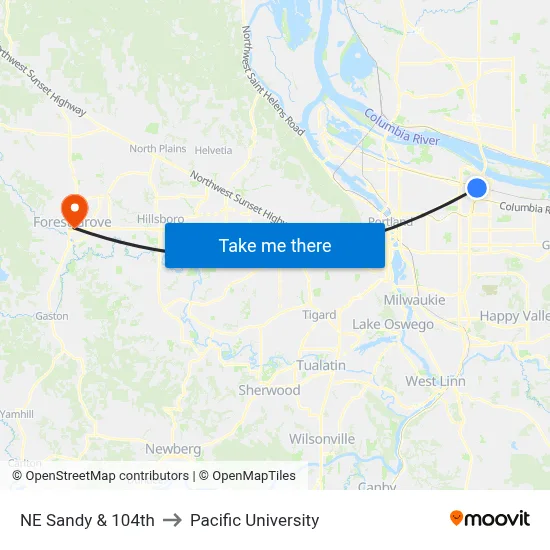 NE Sandy & 104th to Pacific University map