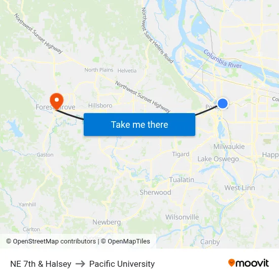 NE 7th & Halsey to Pacific University map