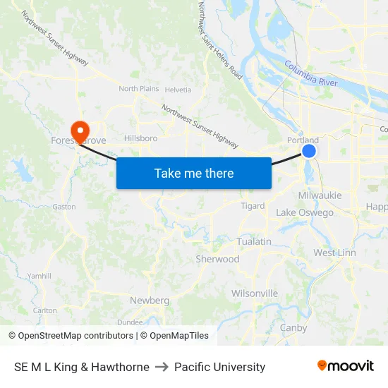 SE M L King & Hawthorne to Pacific University map