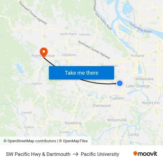 SW Pacific Hwy & Dartmouth to Pacific University map
