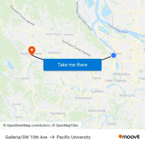 Galleria/SW 10th Ave to Pacific University map
