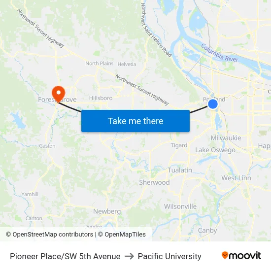 Pioneer Place/SW 5th Avenue to Pacific University map