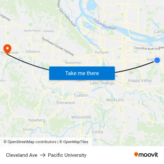 Cleveland Ave to Pacific University map