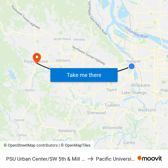 PSU Urban Center/SW 5th & Mill St to Pacific University map